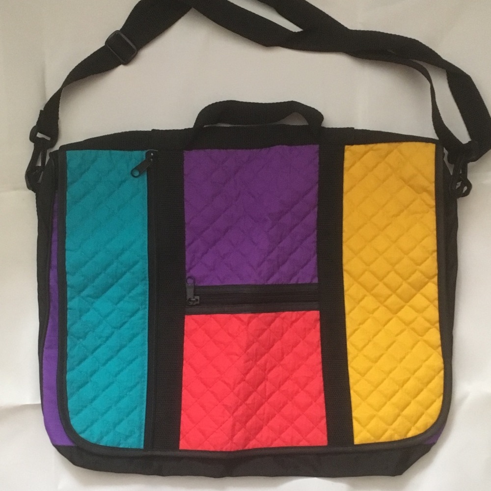 Bright nylon color blocked messenger bag.